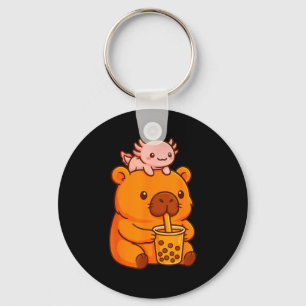 Cute Capybara Drinking Bubble Tea And Axolotl Kawa Key Ring