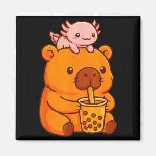 Cute Capybara Drinking Bubble Tea And Axolotl Kawa Magnet