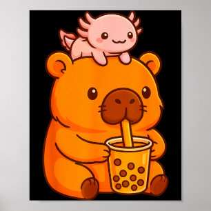 Cute Capybara Drinking Bubble Tea And Axolotl Kawa Poster