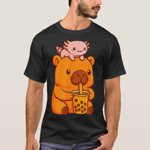 Cute Capybara Drinking Bubble Tea And Axolotl Kawa T-Shirt