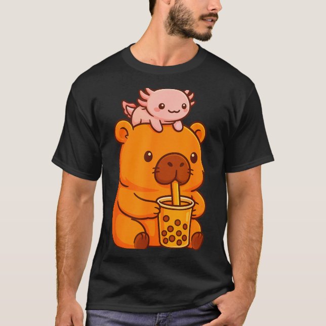 Cute Capybara Drinking Bubble Tea And Axolotl Kawa T-Shirt (Front)
