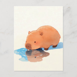 Cute Capybara Drinking from Blue Puddle Postcard