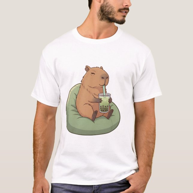Cute Capybara Drinking Matcha Boba Tea Kawaii Gift T-Shirt (Front)