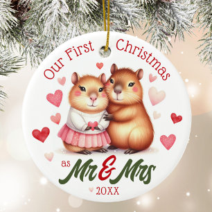 Cute Capybara First Christmas as Mr & Mrs Married Ceramic Tree Decoration