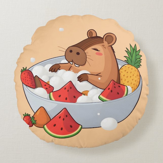 Cute Capybara Fruit Bath Spa Day Kawaii Animal Ill Round Cushion (Front)