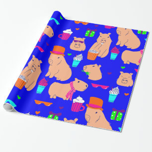 cute capybara funny animal blue  wrapping paper