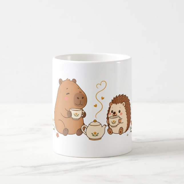 Cute Capybara Hedgehog Tea Time Friends Mug (Center)