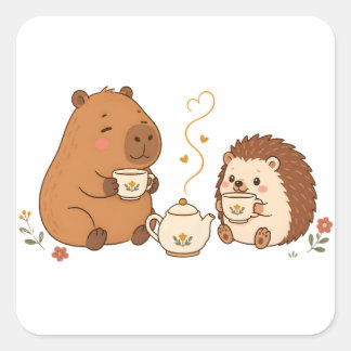 Cute Capybara Hedgehog Tea Time Friends Sticker