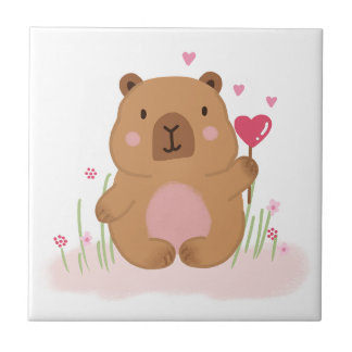 Cute Capybara Hot Air Balloon Pink Baby Nursery Tile