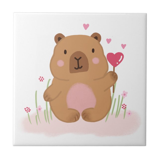 Cute Capybara Hot Air Balloon Pink Baby Nursery Tile (Front)