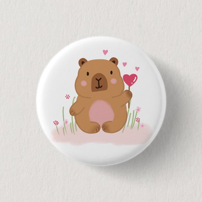 Cute Capybara Hot Air Balloon Pink Baby Shower  3 Cm Round Badge (Front)