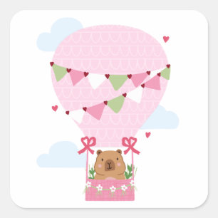 Cute Capybara Hot Air Balloon Pink Birthday Party Square Sticker
