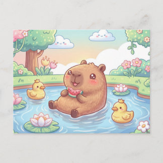 Cute capybara in a pond postcard