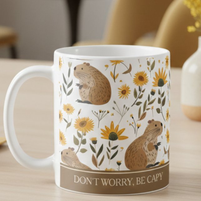 Cute Capybara Inspirational  Coffee Mug (cute capybara sunflowers inspirational mug, don't worry be happy, cozy gift for coffee drinkers)