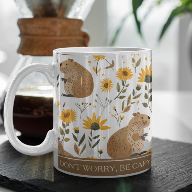 Cute Capybara Inspirational  Coffee Mug (cute capybara sunflowers inspirational mug, don't worry be happy,gift for coffee drinkers)