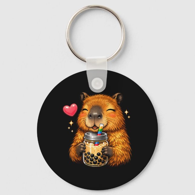 Cute Capybara Kawaii Anime Drinking Bubble Tea Key Ring (Front)
