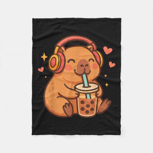 Cute Capybara Kawaii Anime Drinking Bubble Tea Lov Fleece Blanket (Front)