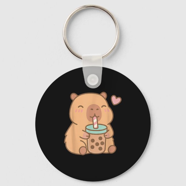Cute Capybara Kawaii Anime Drinking Bubble Tea Lov Key Ring (Front)