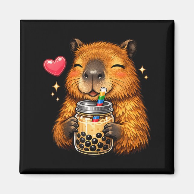 Cute Capybara Kawaii Anime Drinking Bubble Tea Magnet (Front)