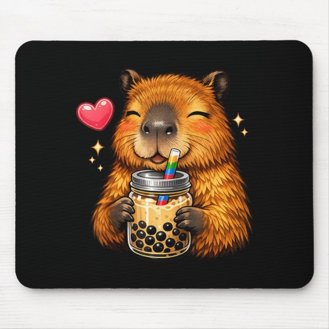 Cute Capybara Kawaii Anime Drinking Bubble Tea Mouse Pad (Front)