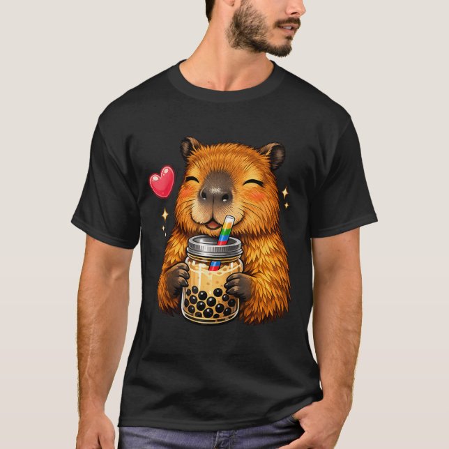 Cute Capybara Kawaii Anime Drinking Bubble Tea T-Shirt (Front)