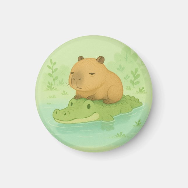 Cute Capybara on Green Crocodile gift for home Magnet (Front)