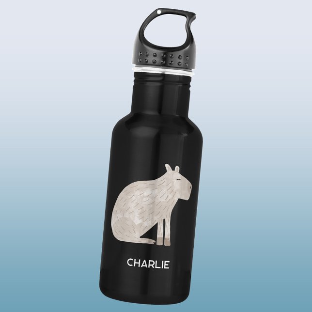 Cute Capybara Personalised Name 532 Ml Water Bottle (Fun watercolor Capybara personalized custom name water bottle)