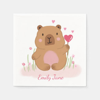 Cute Capybara Personalized Pink Baby Shower Napkin