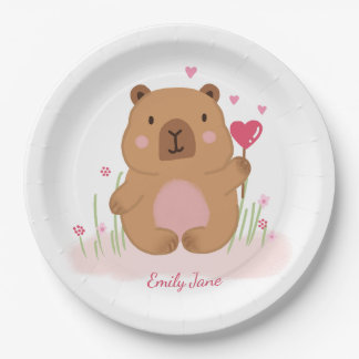 Cute Capybara Personalized Pink Baby Shower Paper Plate