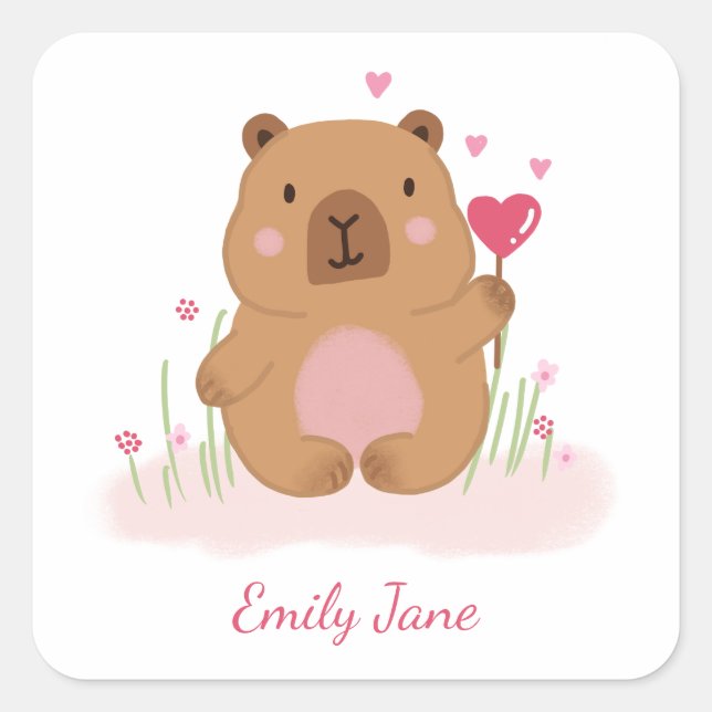 Cute Capybara Personalized Pink Baby Shower  Square Sticker (Front)