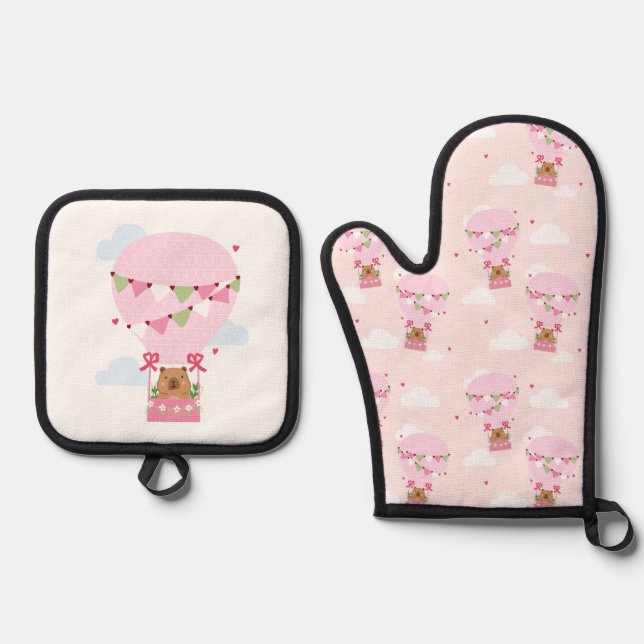 Cute Capybara Pink Hot Air Balloon Apron Oven Mitt & Pot Holder Set (Front)