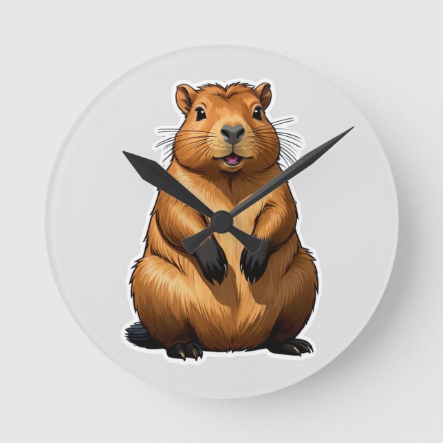 Cute Capybara Rodent Animal Illustration Round Clock (Front)