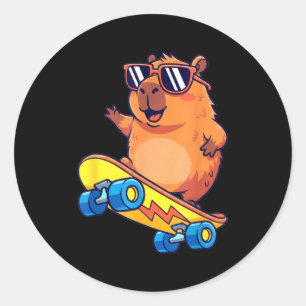 Cute Capybara Skateboarding Chill Animal Lover Art Classic Round Sticker