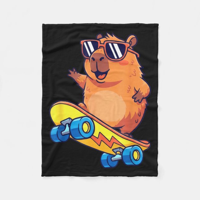 Cute Capybara Skateboarding Chill Animal Lover Art Fleece Blanket (Front)