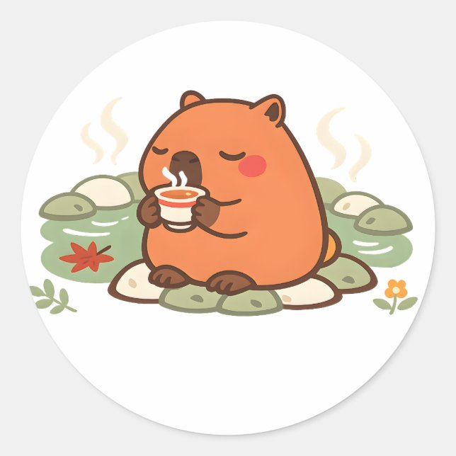 Cute Capybara Tea Time Onsen Hot Spring Sticker (Front)