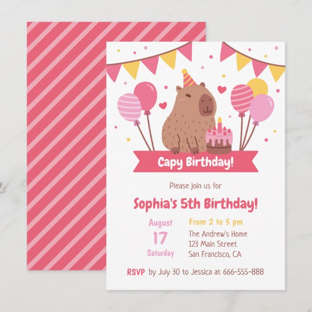 Cute Capybara With Birthday Cake Capy Birthday Invitation (Front/Back)