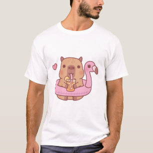 Cute Capybara With Flamingo Pool Float For Summer T-Shirt