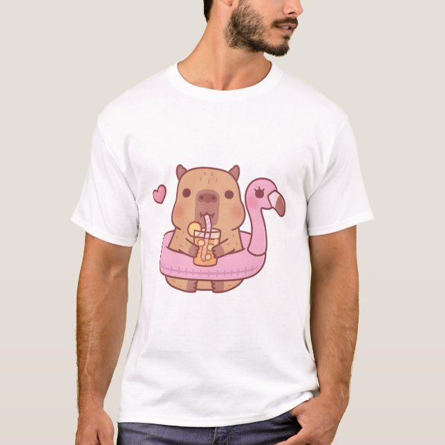 Cute Capybara With Flamingo Pool Float For Summer  T-Shirt (Front)