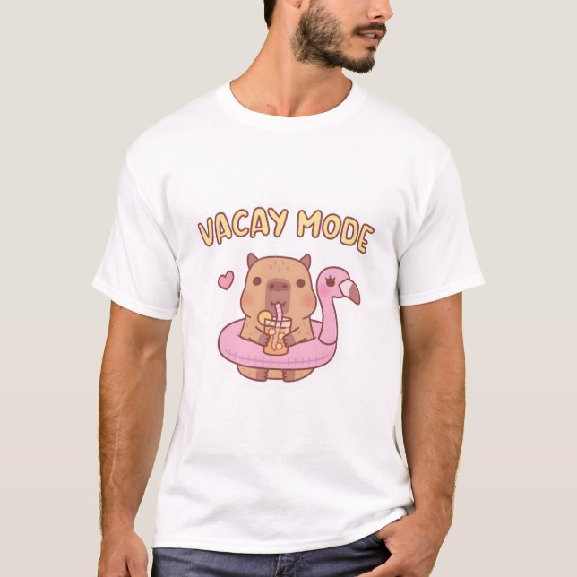 Cute Capybara With Flamingo Pool Float Vacay Mode T-Shirt (Front)
