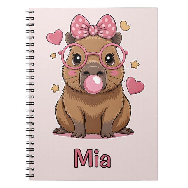 Cute Capybara with Glasses and Bubblegum Notebook (Front)