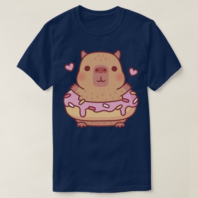 Cute Capybara With Pink Frosting Doughnut T-Shirt (Design Front)