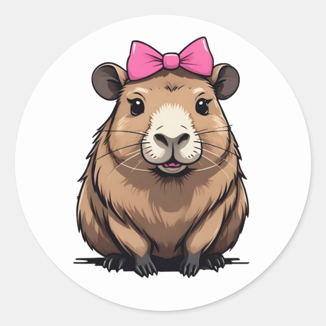 Cute Capybara with Pink Ribbon Bow Women Girls Classic Round Sticker (Front)