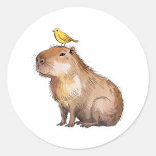 Cute Capybara with Yellow Bird Watercolor Art Classic Round Sticker