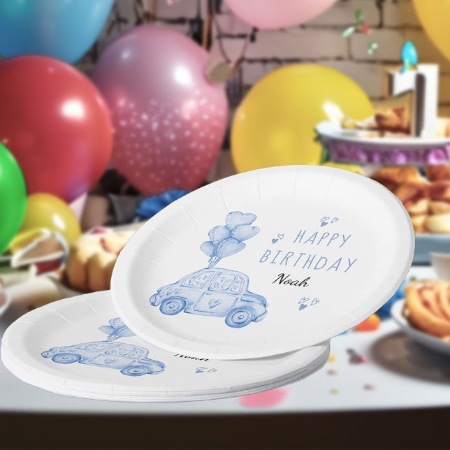 Cute Car and Heart Balloons Blue Birthday Party Paper Plate (Party Plates - from my Car and Balloons Valentine Birthday Collection)