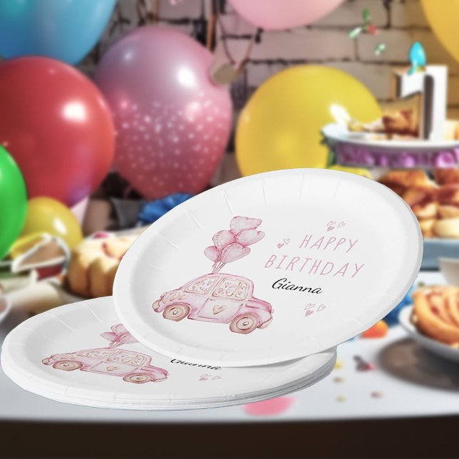 Cute Car and Heart Balloons Pink Birthday Party Paper Plate (Party Plates - from my Car and Balloons Valentine Birthday Collection)