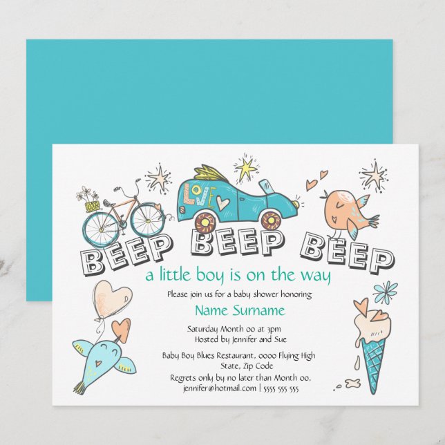 Cute car baby shower transport travel blue orange invitation (Front/Back)