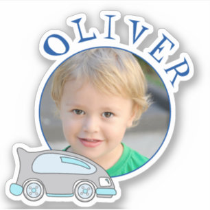 Cute Car Blue Round Frame Name and Photo Kids