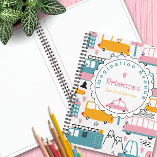 Cute Car Pattern Pink & Teal Kid Name Sketch Notebook