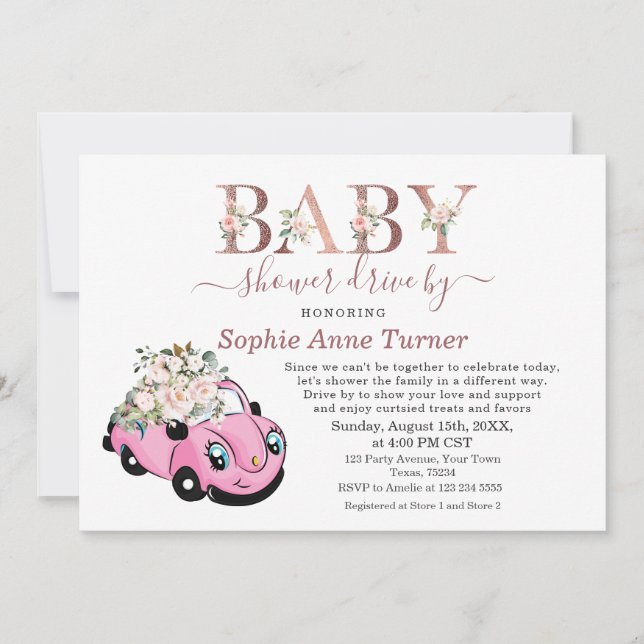 Cute Car Pink Floral Girl Baby Shower Drive By Invitation (Front)