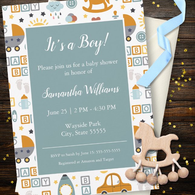 Cute Car Toy Pattern Boy Teal Baby Shower Invitation (Creator Uploaded)